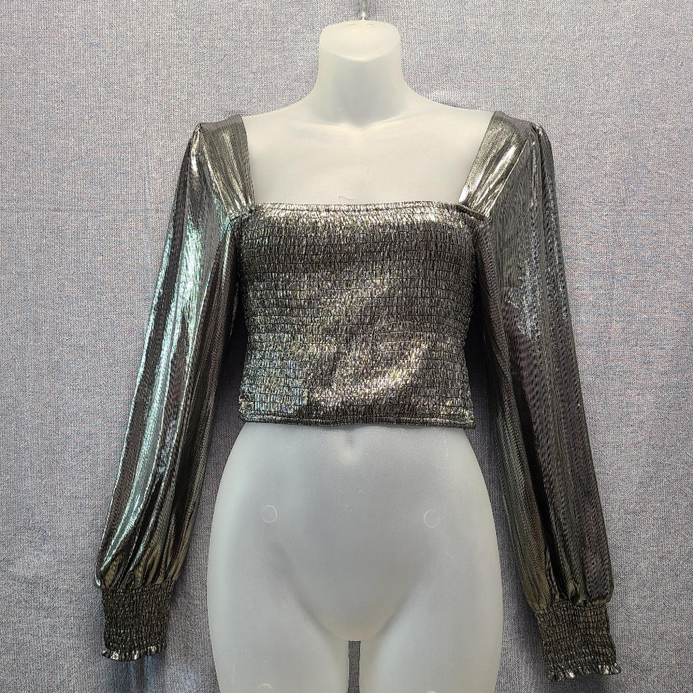 Peach Puff LS,Shirred,Silver Lame Crop Top-Medium GUC
